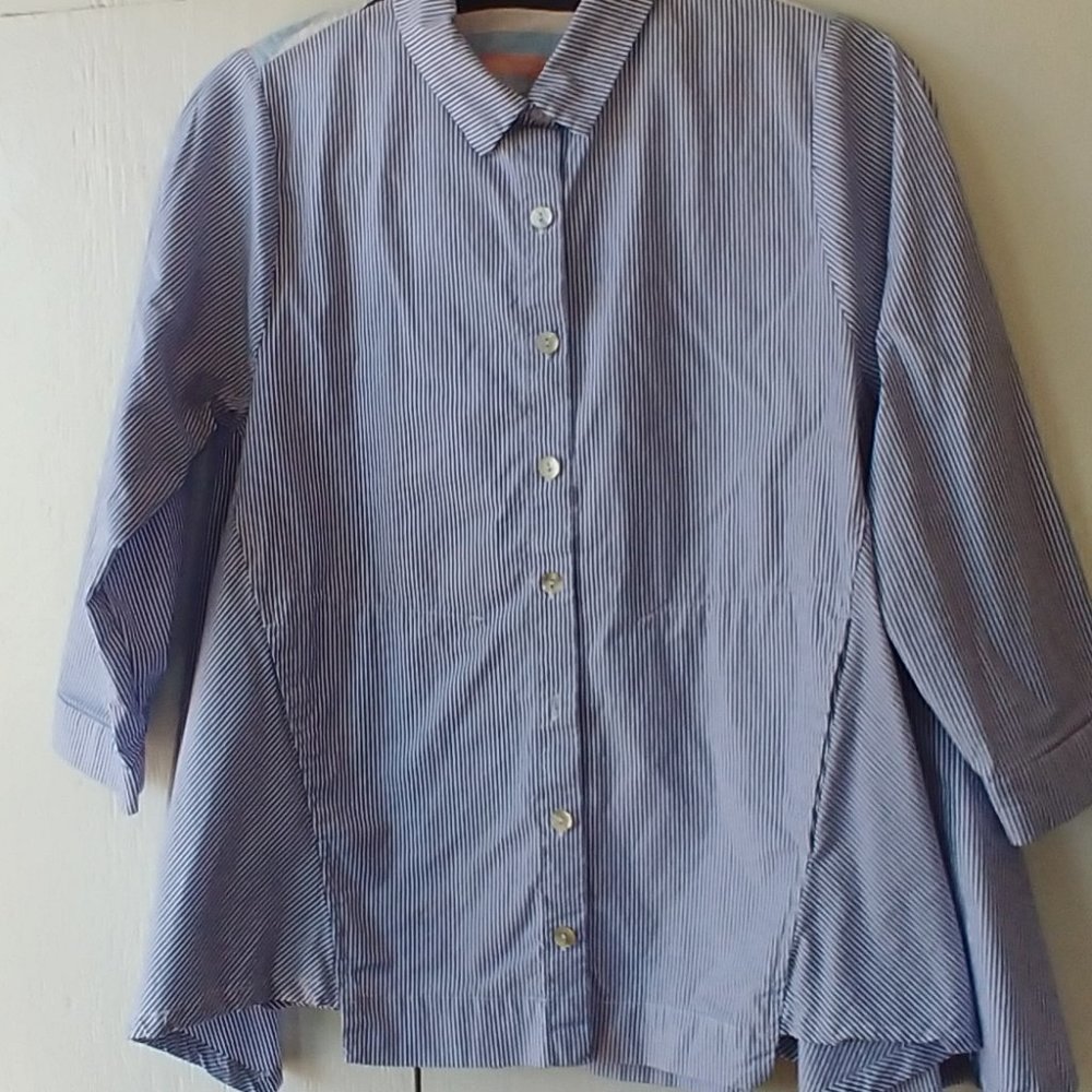 ALEMBIKA  Blue White Striped Button Up Swing Top